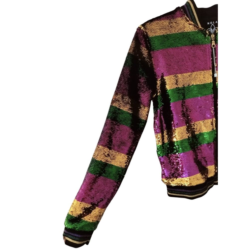 5728)Nola Mardi Grass Small Stripe Purple Gold Green Sequin Zip Bomber Jacket - Picture 4 of 10